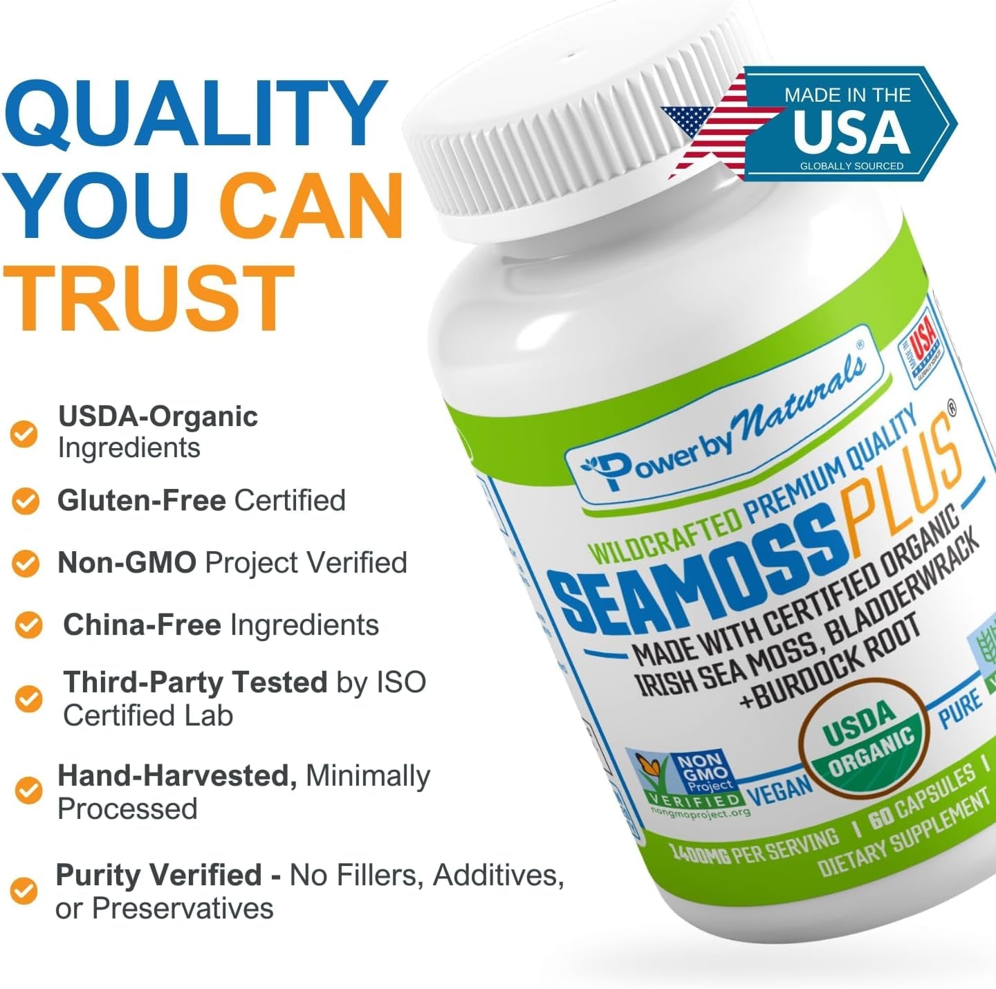 Sea Moss plus - USDA Organic Irish Sea Moss Capsules W/Wild Harvested Irish Seamoss, Bladderwrack & Burdock Root Immunity Supplement Sea Moss Pills for Adult 60Ct - 1 Pack