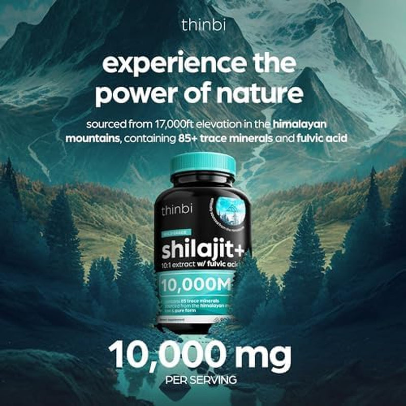 Thinbi Himalayan Shilajit 10000Mg Max Potency Capsules w/Fulvic Acid & Trace Minerals for Enhanced Energy & Immune Support. Better than Shilajit Resin
