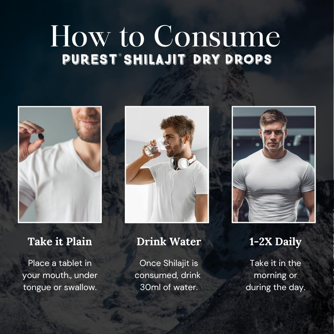 Dry Drops, 100% Pure Natural Shilajit, Grade A, Max Potency 85+ Clean Trace Minerals & Fulvic Acid for Energy, Metabolism & Immune Support Supplement for Men & Women (120 Tabs)
