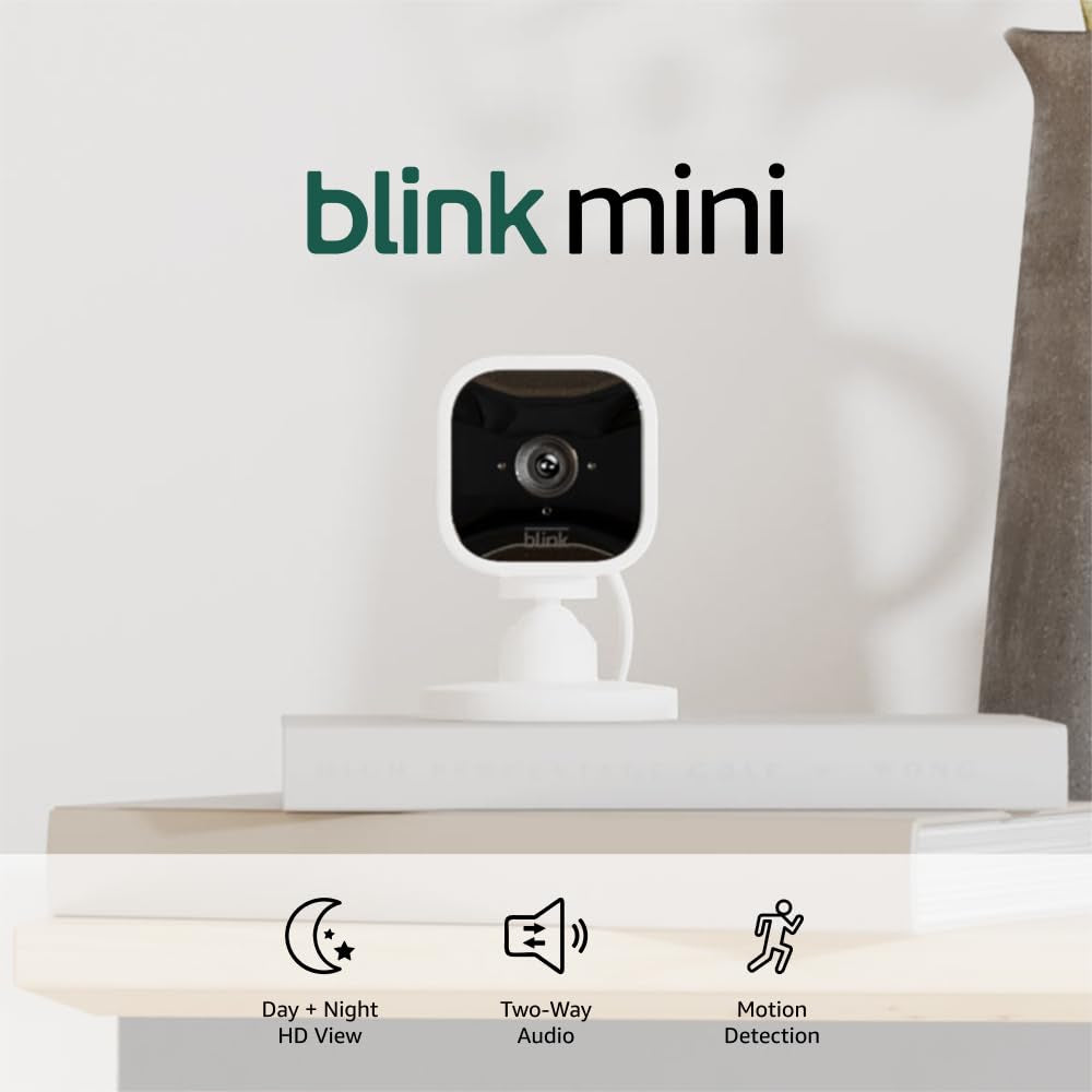 Blink Mini Compact Indoor Plug-In Smart Security Camera, 1080P HD Video, Night Vision, Motion Detection, Two-Way Audio, Works with Alexa – 1 Camera
