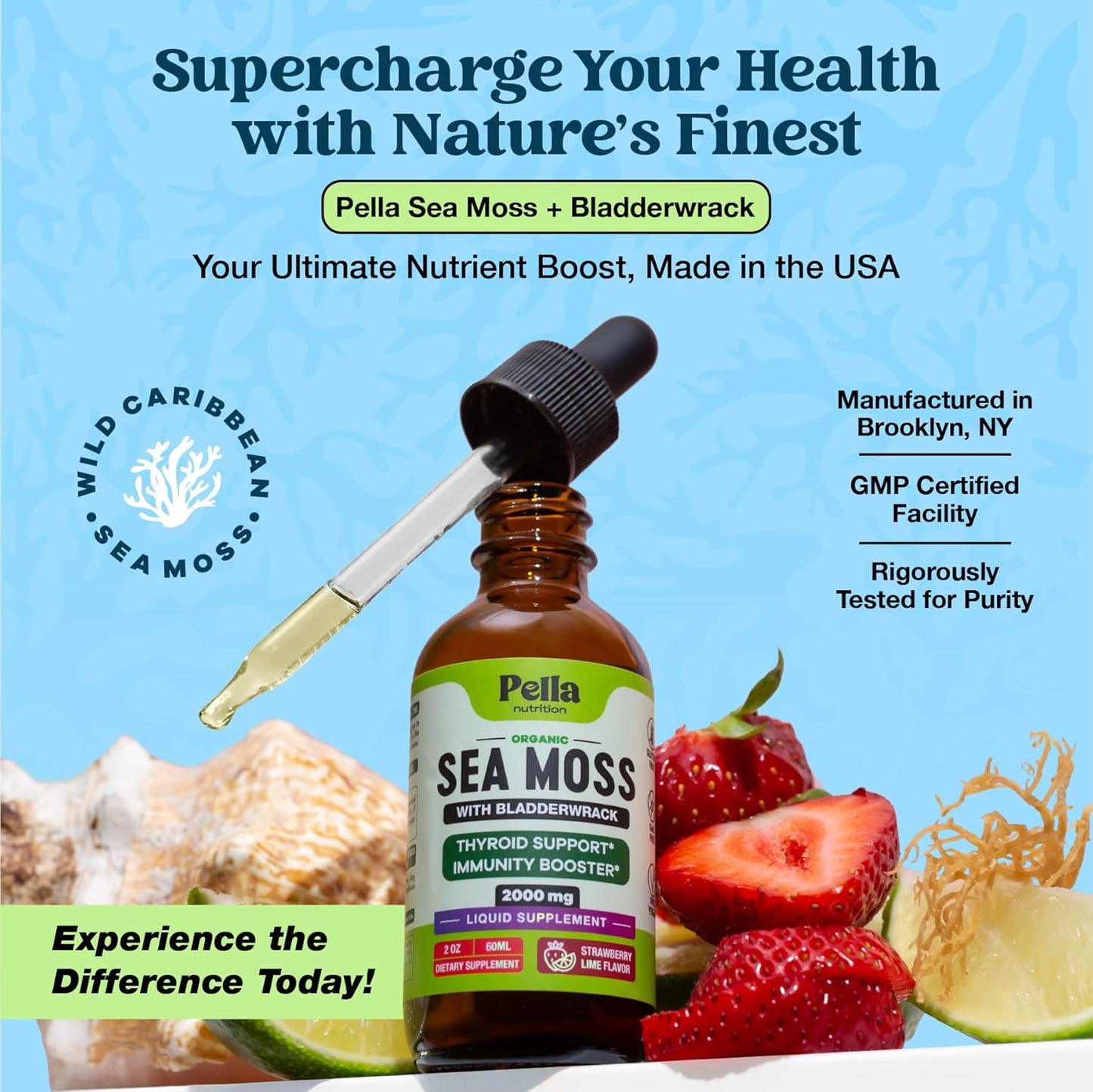 Organic Sea Moss Drops - 4X Stronger than Irish Sea Moss Gel, Capsules and Gummies - Joint Support - Superfood Supplement - Immune Support Supplement (Strawberry Lime, 60Ml)