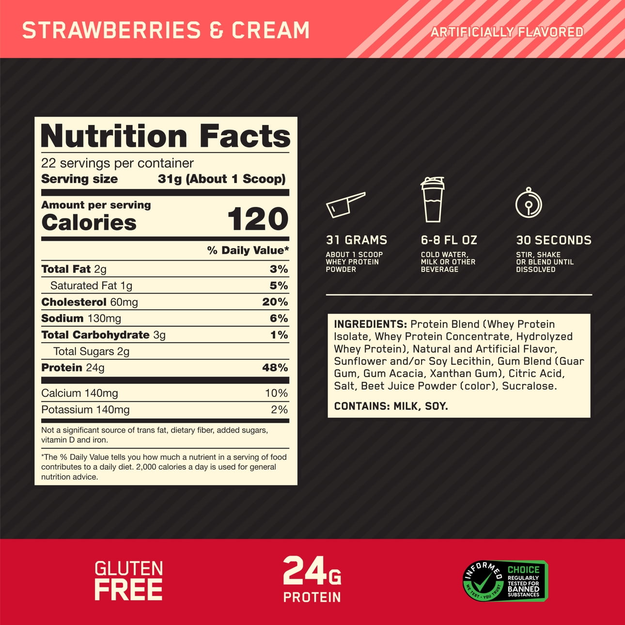 Whey Gold Standard 100% Whey Protein Powder, Strawberries & Cream, 1.5 Lb, 22 Servings