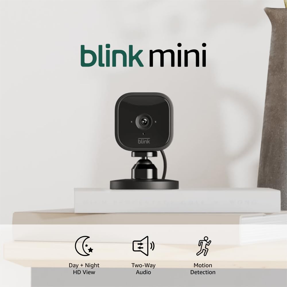 Blink Mini Compact Indoor Plug-In Smart Security Camera, 1080P HD Video, Night Vision, Motion Detection, Two-Way Audio, Works with Alexa – 1 Camera