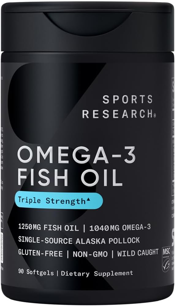 Sports Research Triple Strength Omega 3 Fish Oil - Burpless Fish Oil Supplement w/Epa & DHA Fatty Acids, Single-Source Wild Alaskan Pollock