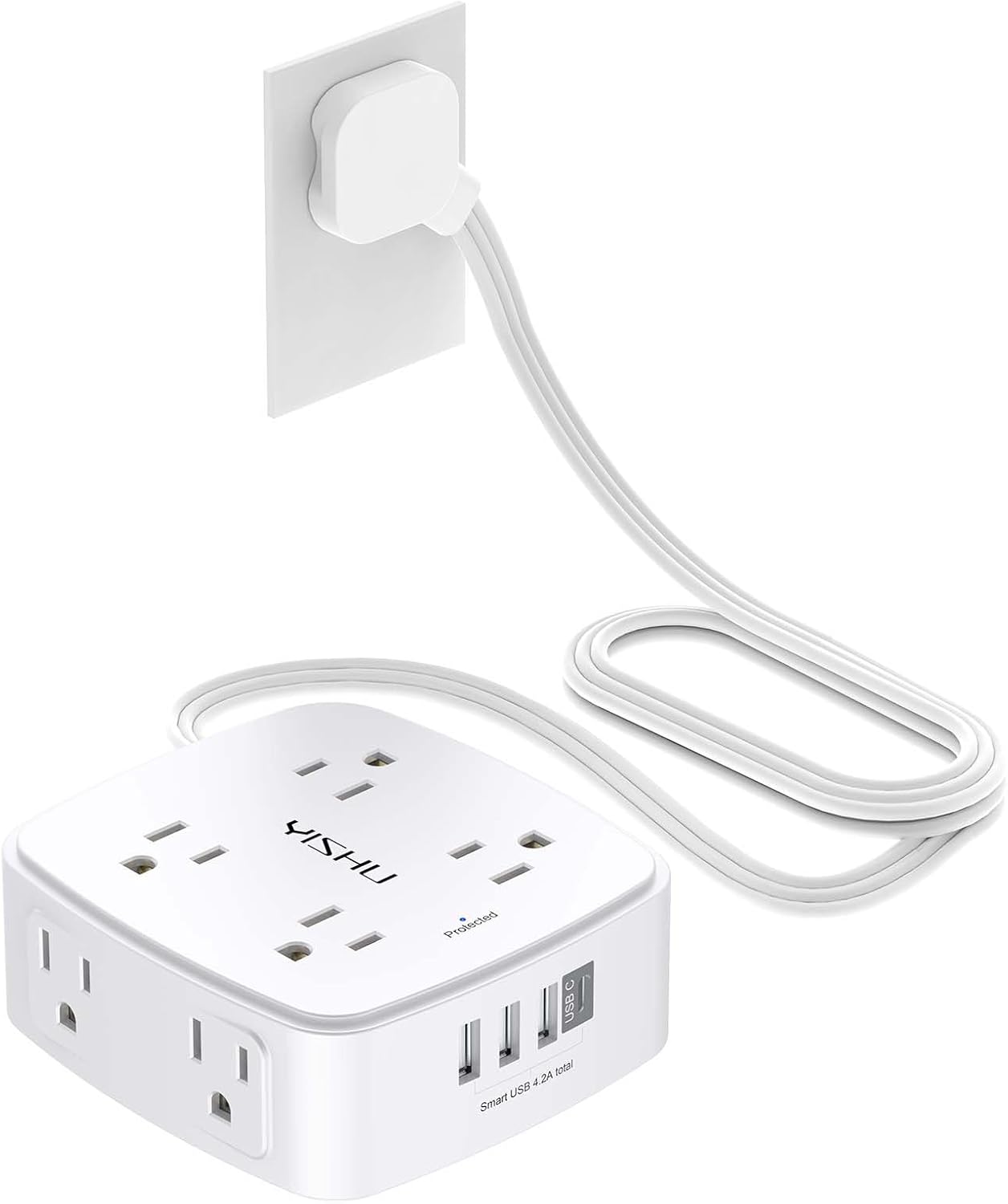 YISHU 6 Ft Surge Protector Power Strip - 8 Wide Outlets with 4 USB Ports - 3 Side Outlet Extender with 6 Feet Extension - Flat Plug