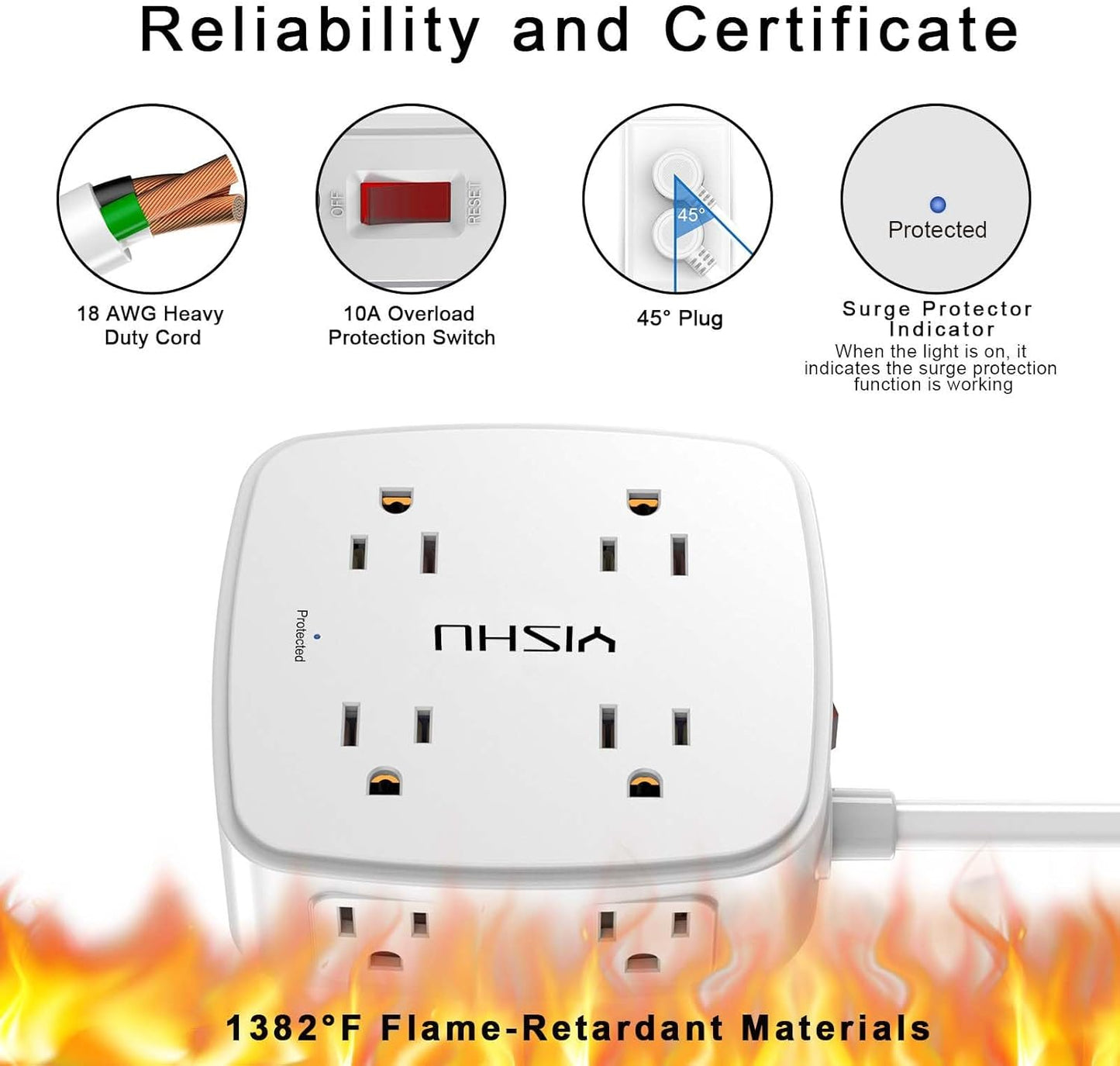 YISHU 6 Ft Surge Protector Power Strip - 8 Wide Outlets with 4 USB Ports - 3 Side Outlet Extender with 6 Feet Extension - Flat Plug
