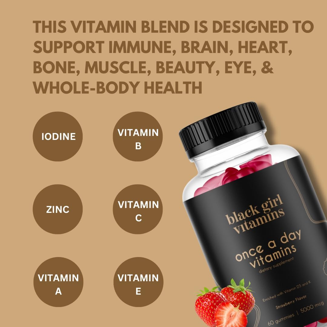 Black Girl Vitamins Once a Day Women's Multivitamin Gummy - Vitamin A, B, C, E & Zinc - Vegan - Gluten-Free - Made in the USA