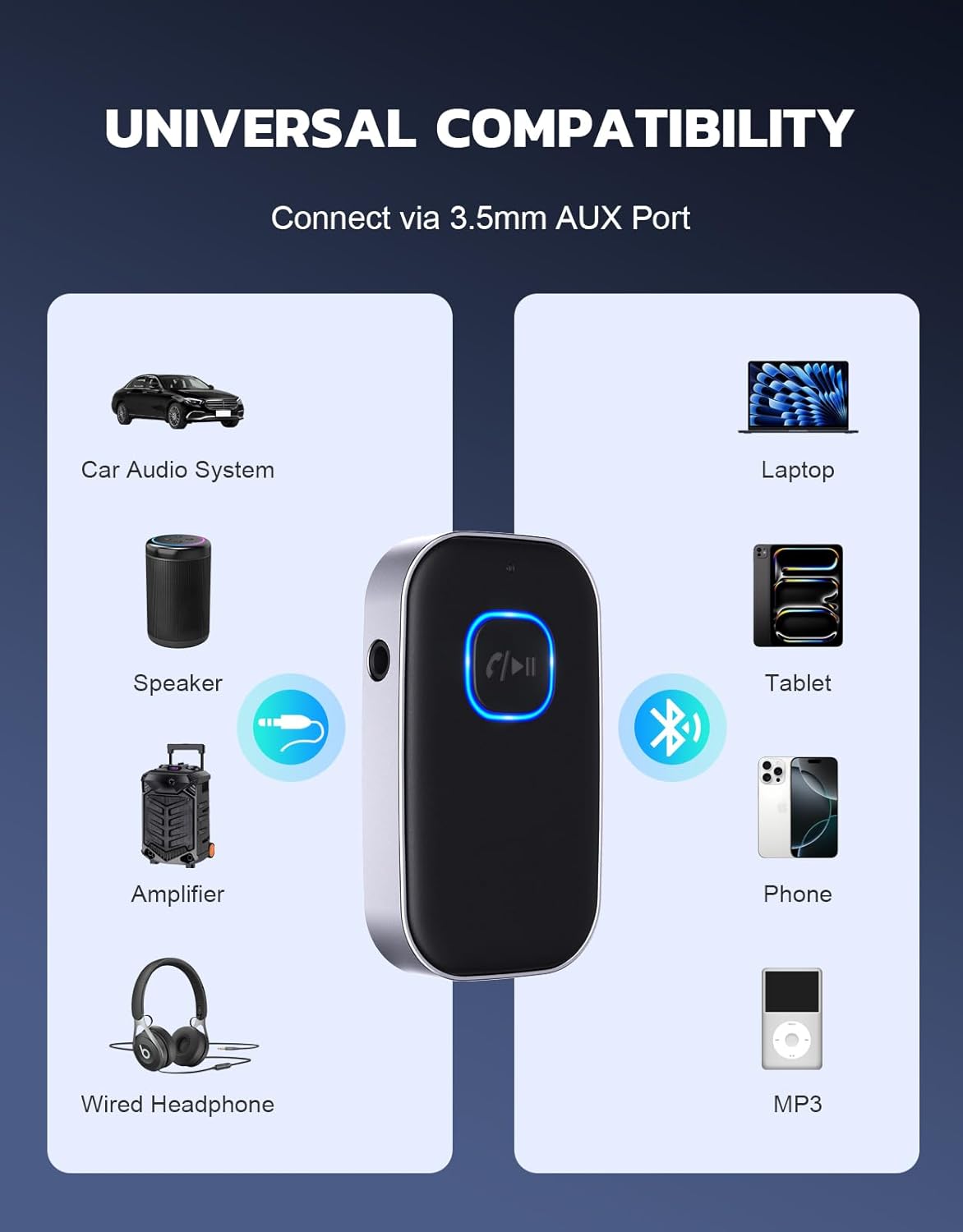 COMSOON Bluetooth Receiver Adapter for Car, Noise Cancelling 3.5Mm AUX, Wireless Audio for Stereo/Wired Headphones, Hands-Free Call