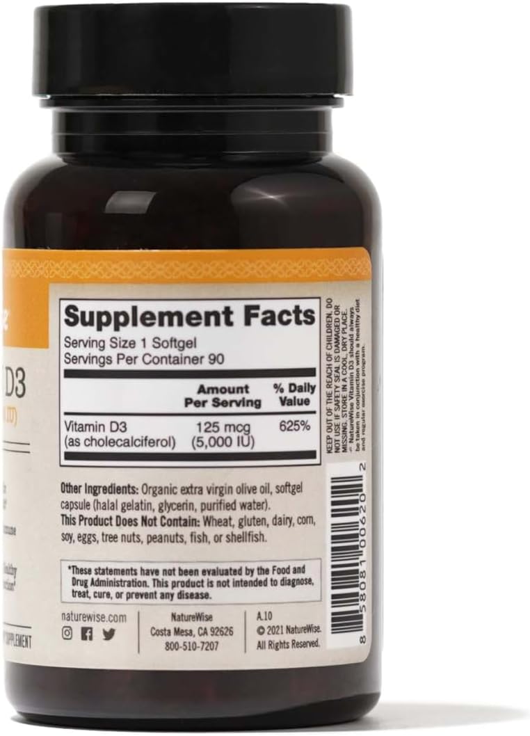 Vitamin D3 5000Iu (125 Mcg) 90-Day Supply for Immune Support, Healthy Muscle Function & Bone Health - Non-GMO, Gluten-Free in Organic Extra Virgin Olive Oil, (Mini Softgel)