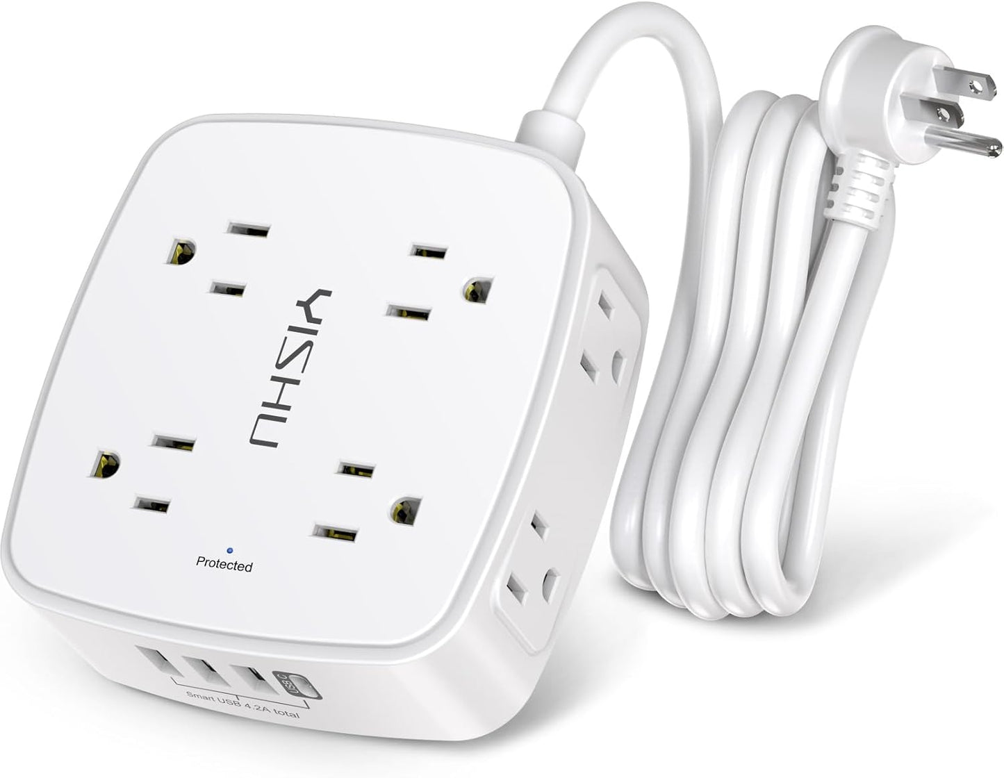 YISHU 6 Ft Surge Protector Power Strip - 8 Wide Outlets with 4 USB Ports - 3 Side Outlet Extender with 6 Feet Extension - Flat Plug