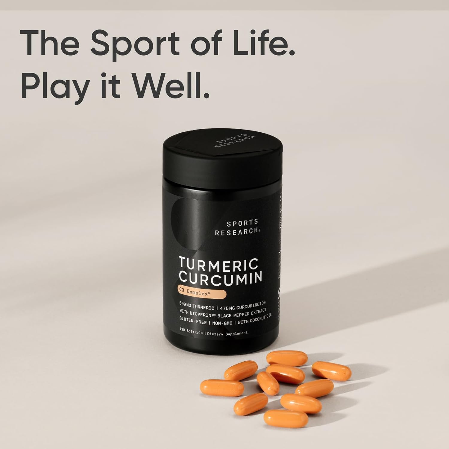 Sports Research Turmeric Curcumin C3 Complex - Bioperine Black Pepper Extract & Organic Coconut Oil, Standardized 95% Curcuminoids - Non-GMO Verified & Gluten Free