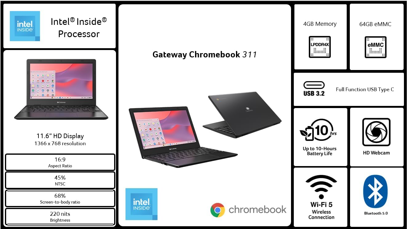 Acer Gateway Chromebook 311 CBO311-1H-C1MX Laptop, Intel Celeron N4500, 11.6" HD Display, 4GB LPDDR4X, 64GB eMMC, Wifi, Chrome OS