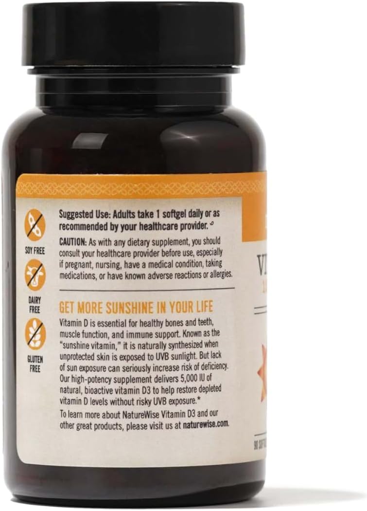 Vitamin D3 5000Iu (125 Mcg) 90-Day Supply for Immune Support, Healthy Muscle Function & Bone Health - Non-GMO, Gluten-Free in Organic Extra Virgin Olive Oil, (Mini Softgel)