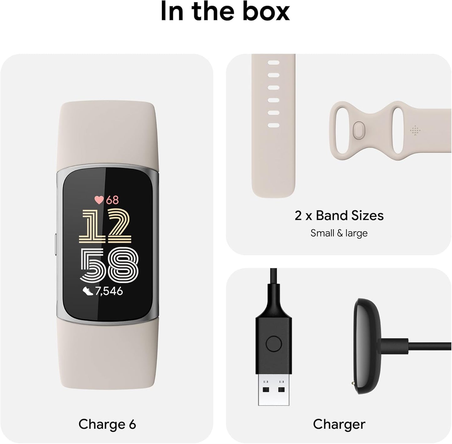 Charge 6 Fitness Tracker with Google Apps, Heart Rate on Exercise Equipment, 6-Months Premium Membership Included, GPS, Health Tools and More, Porcelain/Silver, One Size (S & L Bands Included)