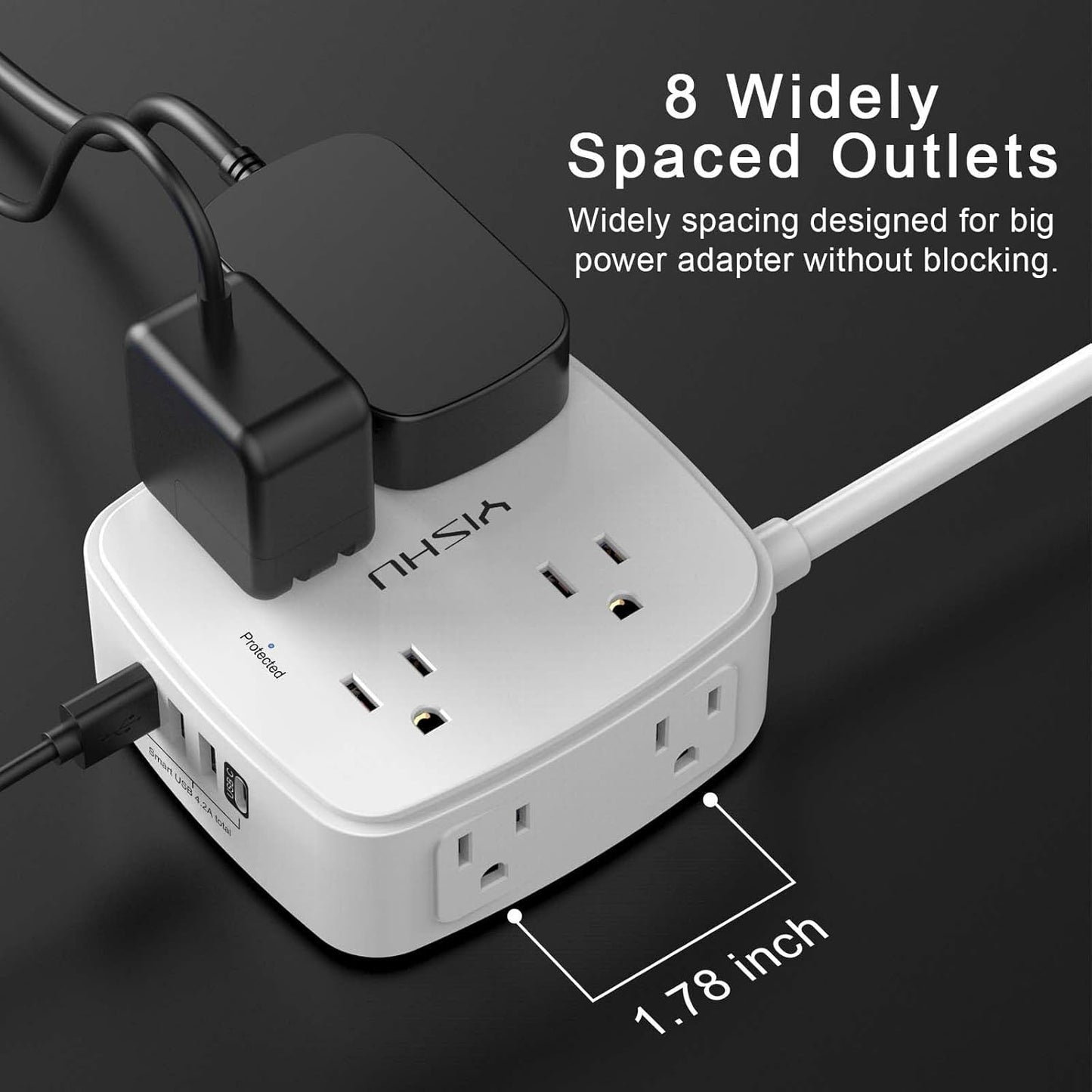 YISHU 6 Ft Surge Protector Power Strip - 8 Wide Outlets with 4 USB Ports - 3 Side Outlet Extender with 6 Feet Extension - Flat Plug