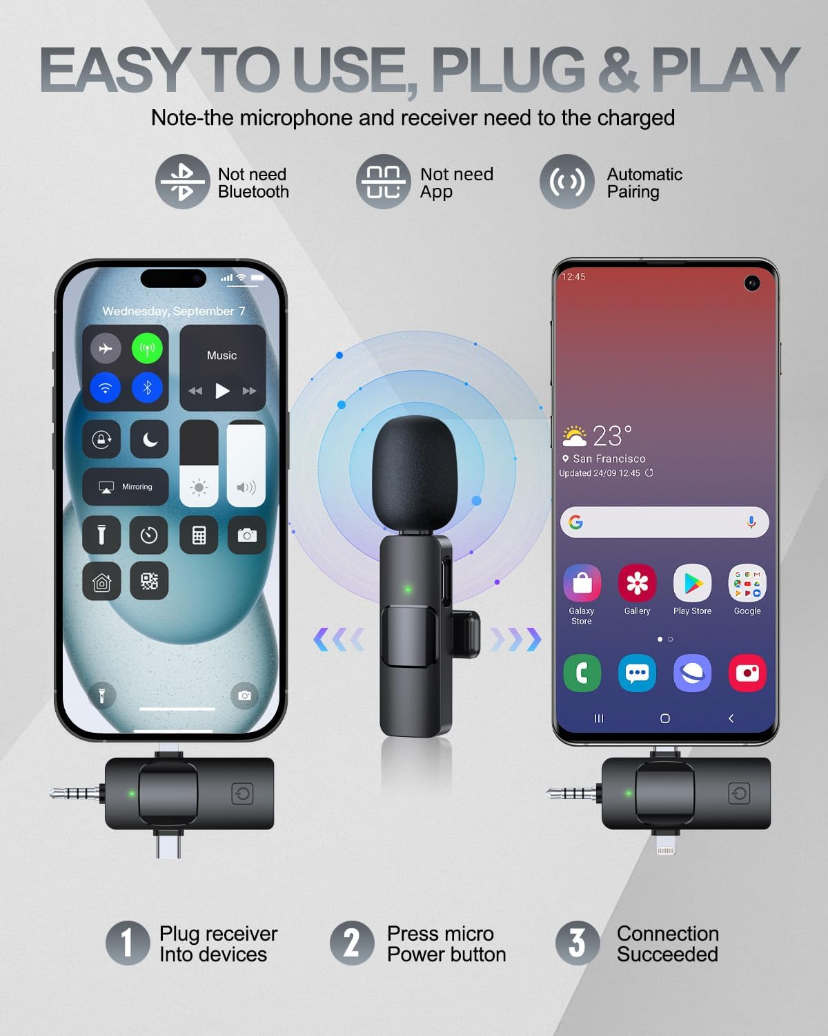 PQRQP 3 in 1 Professional Wireless Lavalier Microphone for iPhone & Android - Crystal Clear Sound Quality for Recording - Content Creation