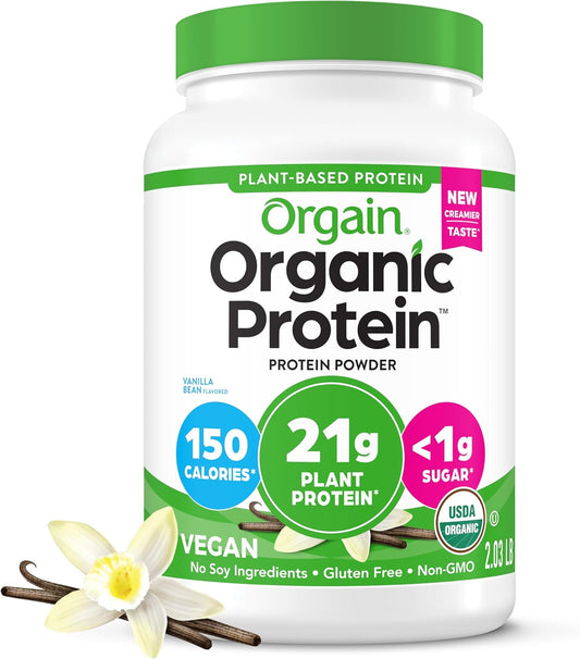 Orgain Organic Vegan Protein Powder, Vanilla Bean - 21G Plant Protein, 6G Prebiotic Fiber, No Lactose Ingredients, No Added Sugar, Non-GMO