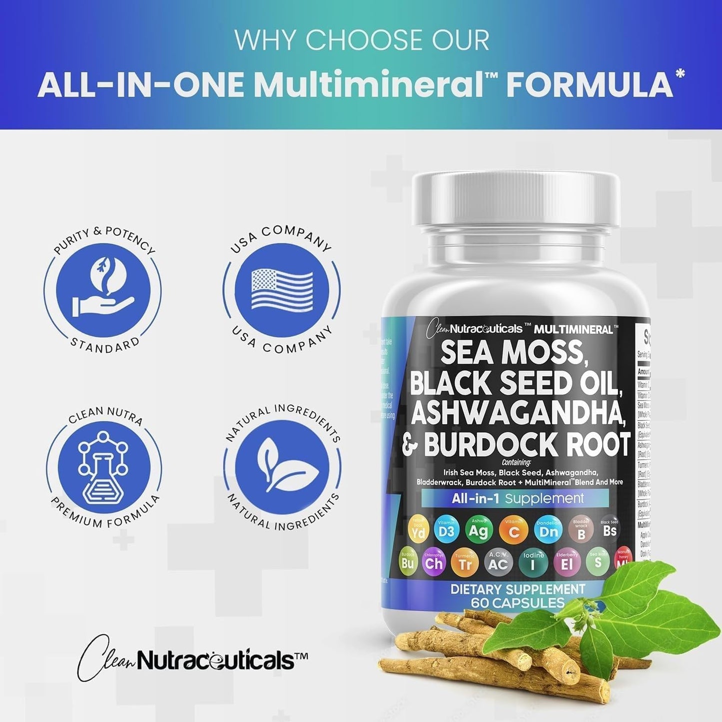 Sea Moss Black Seed Oil Ashwagandha Turmeric Bladderwrack Burdock, Vitamin C + D3, Elderberry, Manuka Dandelion Yellow Dock Iodine Chlorophyll
