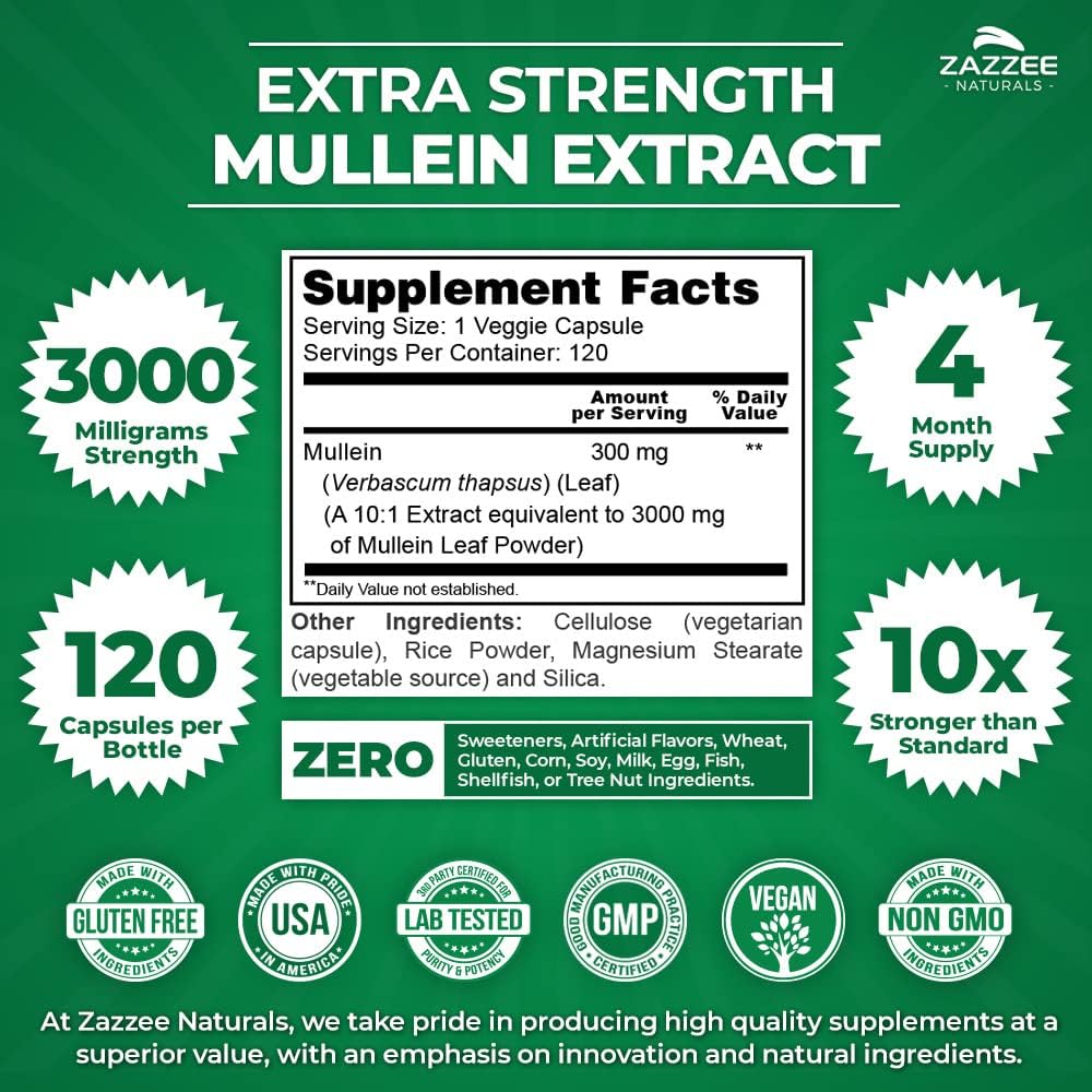 Extra Strength Mullein 10:1 Extract, 3000 Mg Strength, Standardized 10X Extract, 100% Pure Leaf Powder, All-Natural & Non-GMO, Made in the USA