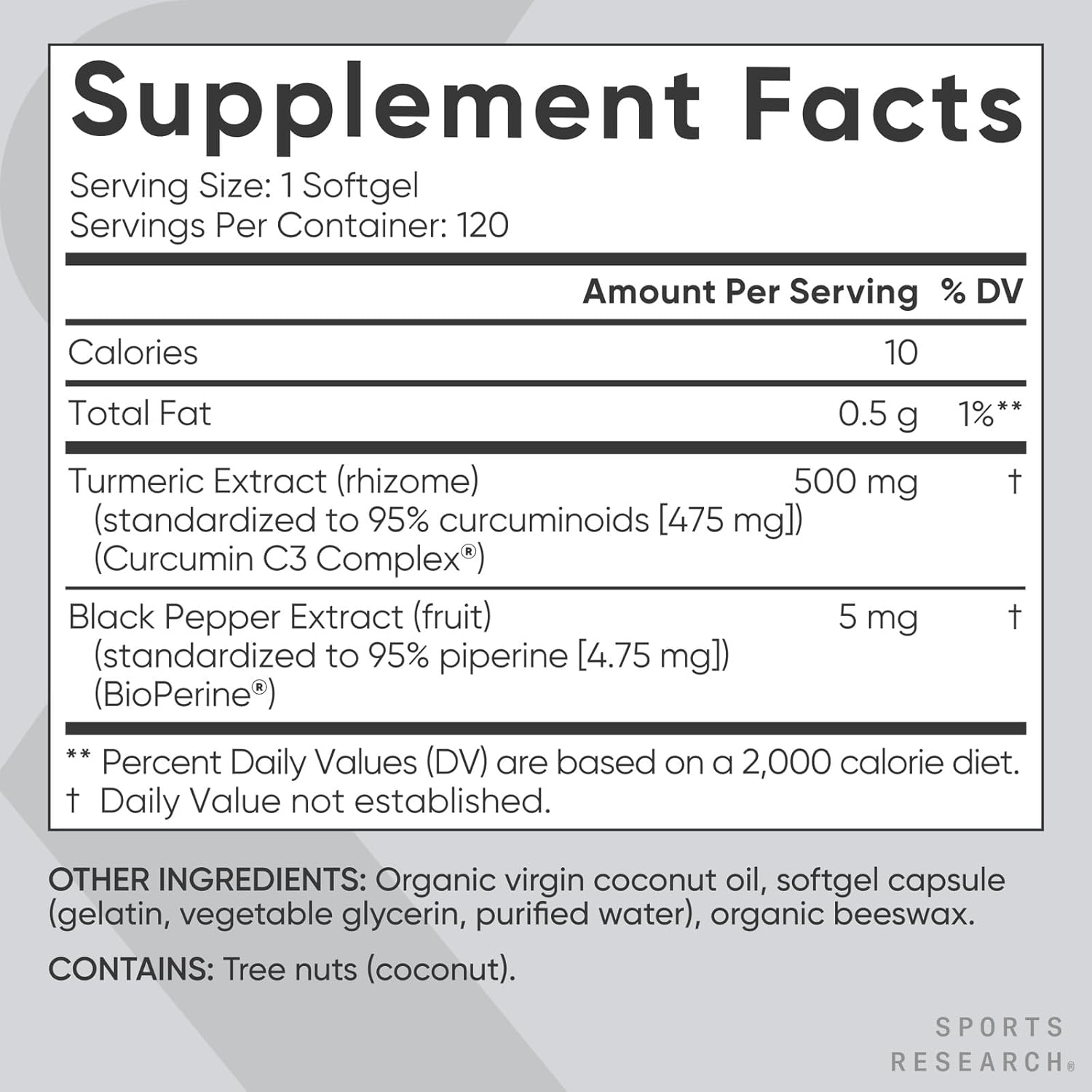 Sports Research Turmeric Curcumin C3 Complex - Bioperine Black Pepper Extract & Organic Coconut Oil, Standardized 95% Curcuminoids - Non-GMO Verified & Gluten Free