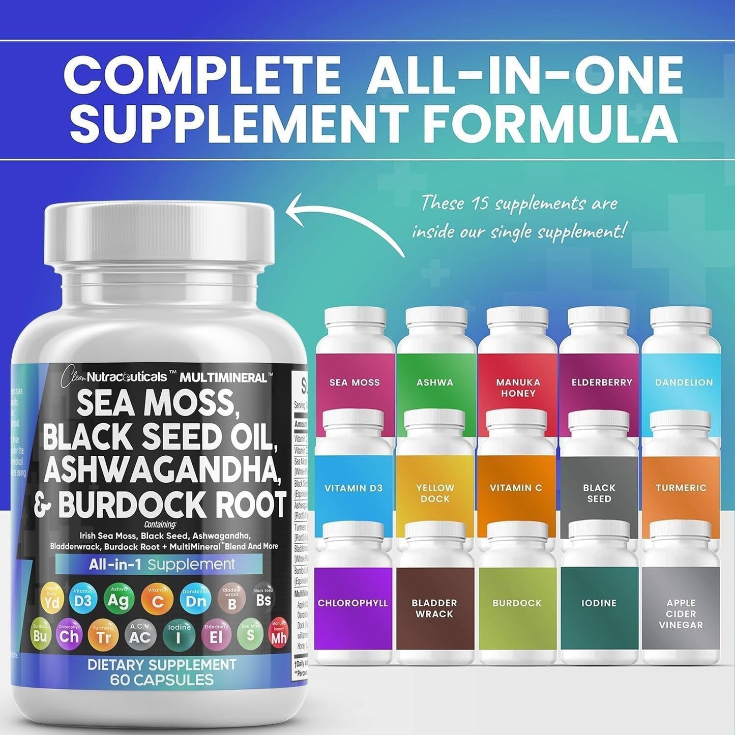 Sea Moss Black Seed Oil Ashwagandha Turmeric Bladderwrack Burdock, Vitamin C + D3, Elderberry, Manuka Dandelion Yellow Dock Iodine Chlorophyll