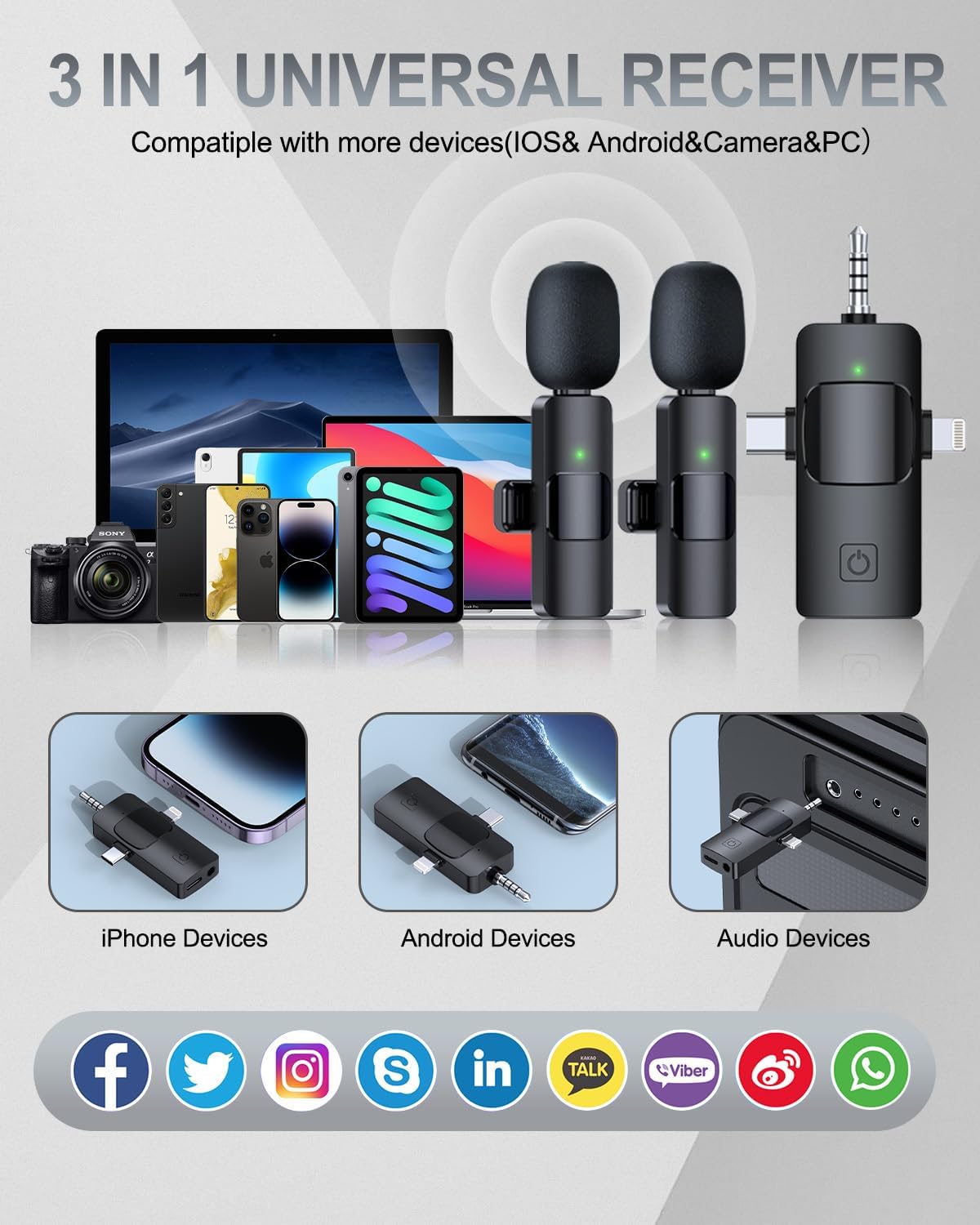 PQRQP 3 in 1 Professional Wireless Lavalier Microphone for iPhone & Android - Crystal Clear Sound Quality for Recording - Content Creation