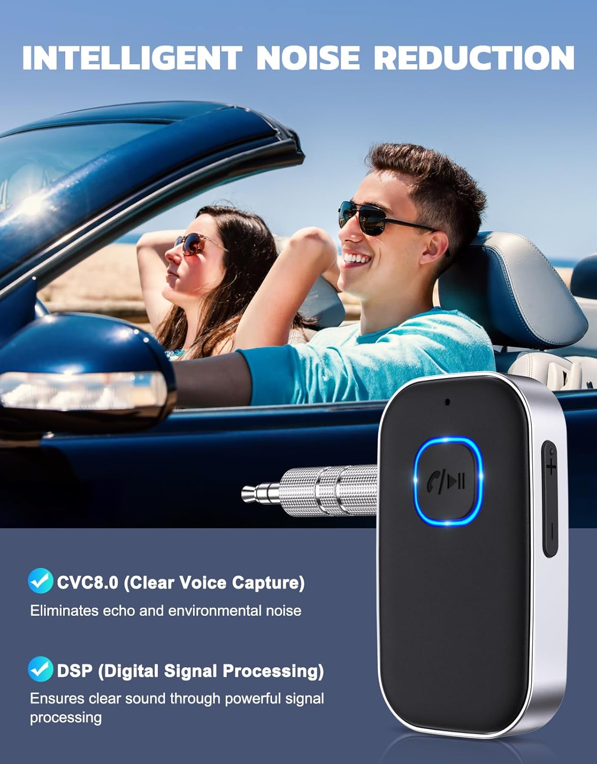 COMSOON Bluetooth Receiver Adapter for Car, Noise Cancelling 3.5Mm AUX, Wireless Audio for Stereo/Wired Headphones, Hands-Free Call