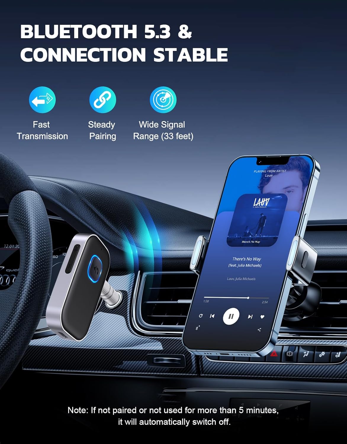 COMSOON Bluetooth Receiver Adapter for Car, Noise Cancelling 3.5Mm AUX, Wireless Audio for Stereo/Wired Headphones, Hands-Free Call
