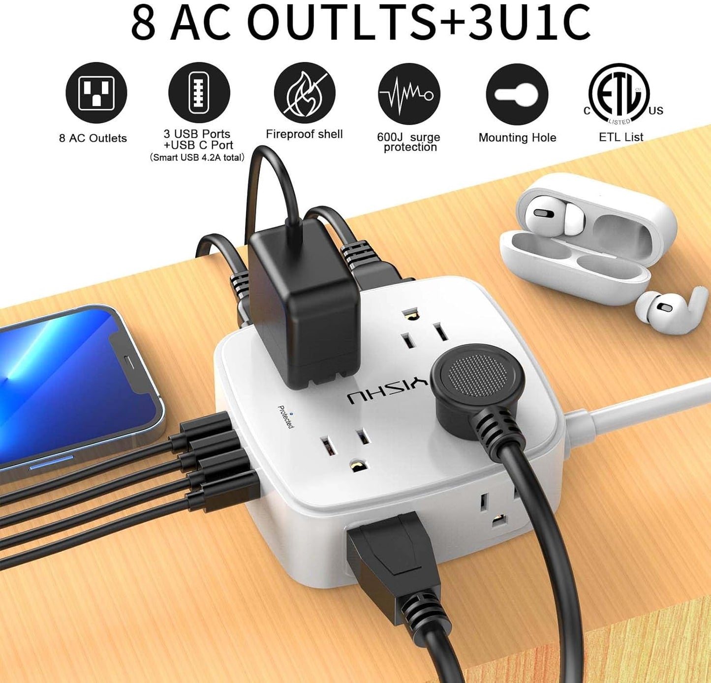 YISHU 6 Ft Surge Protector Power Strip - 8 Wide Outlets with 4 USB Ports - 3 Side Outlet Extender with 6 Feet Extension - Flat Plug