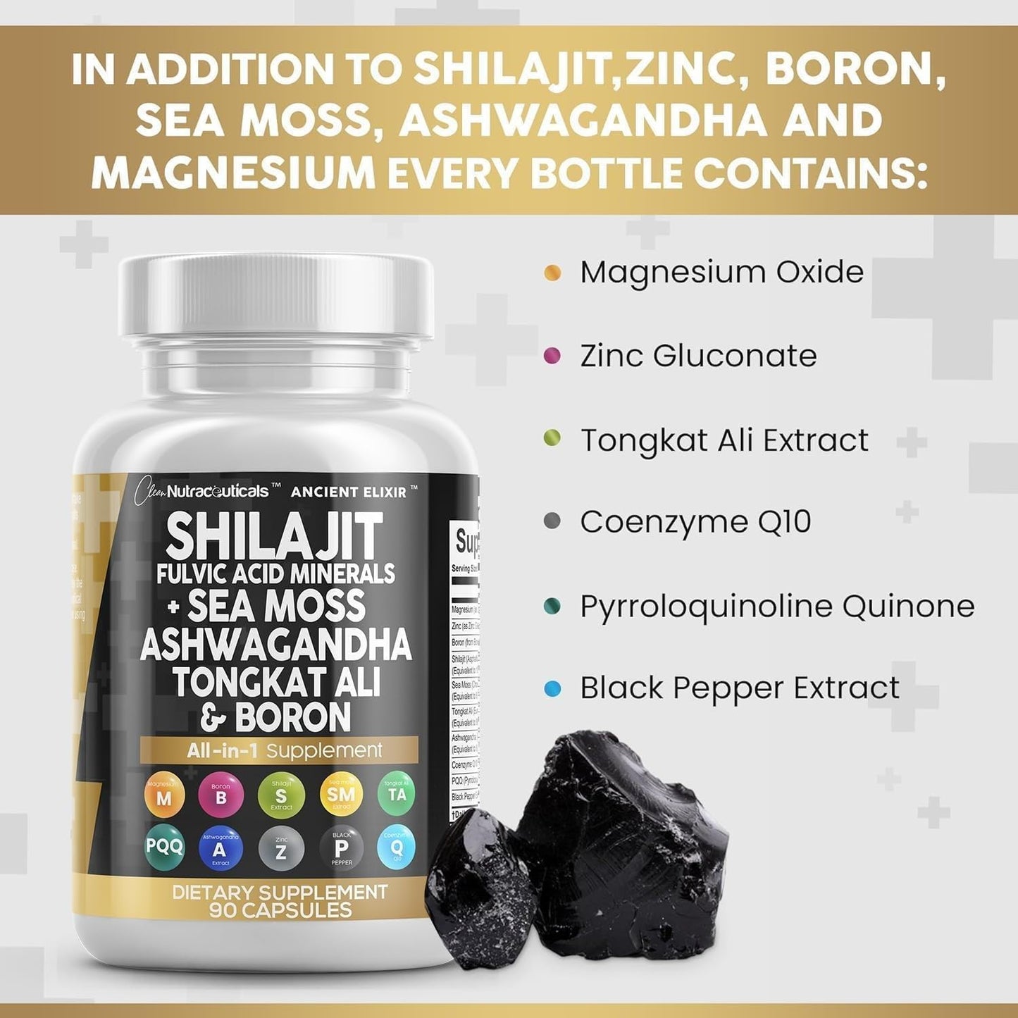 Shilajit Supplement with Sea Moss, Ashwagandha, Tongkat Ali, Boron, Magnesium - Fulvic Acid Capsules
