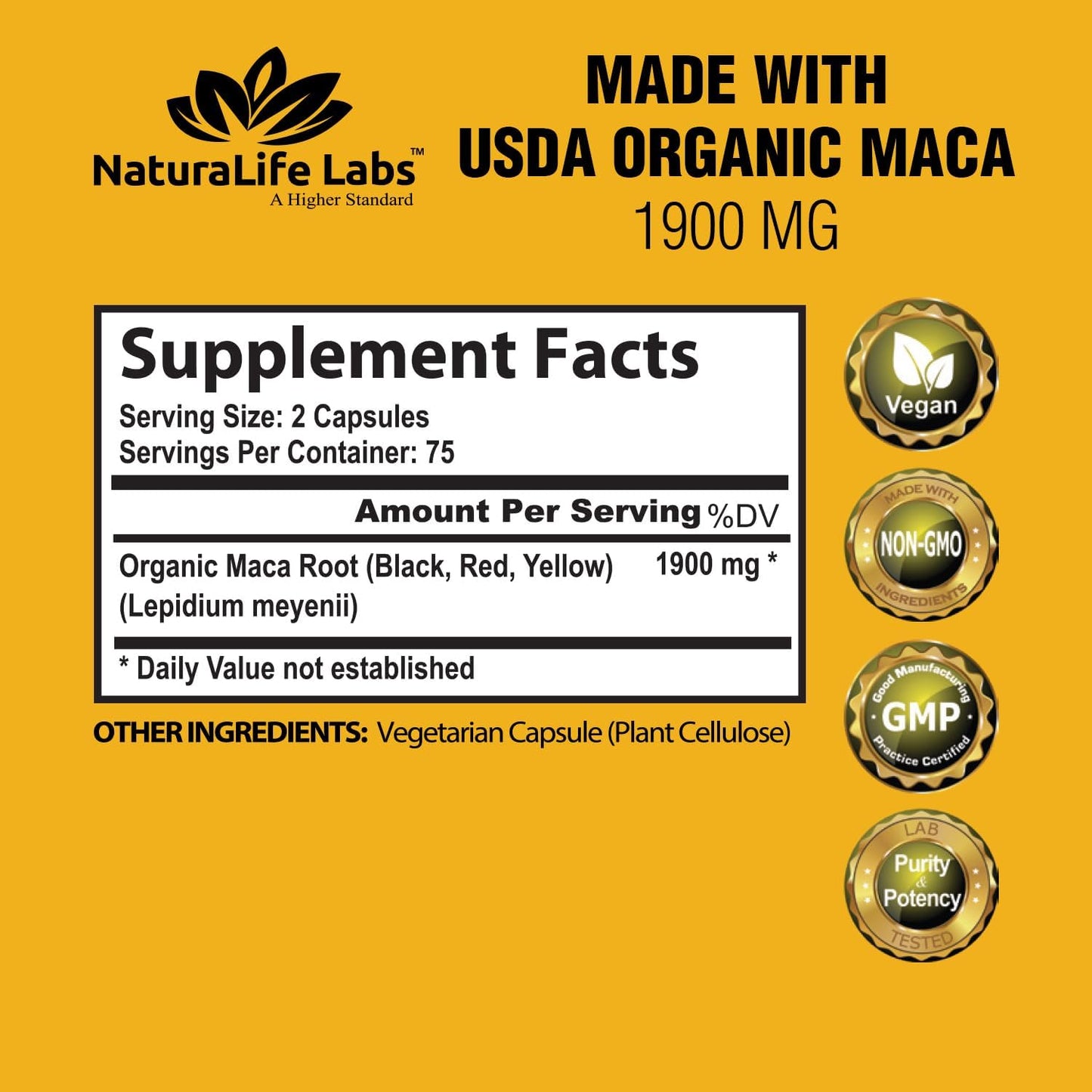 NaturaLife Labs Organic Maca Root Black, Red, Yellow 1900 MG per Serving - Peruvian Maca Root Gelatinized 100% Pure Non-GMO Supports Reproductive Health