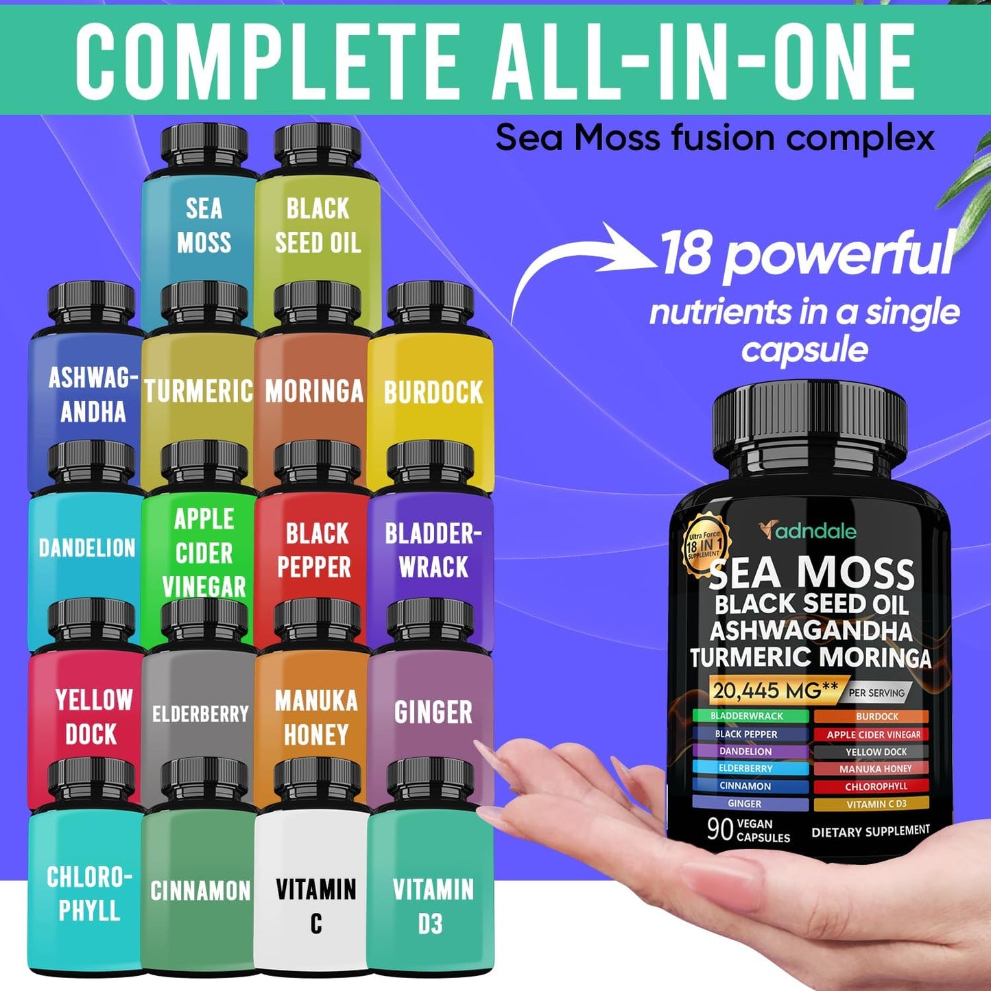 Sea Moss Black Seed Oil Ashwagandha Ginger Capsules. Sea Moss Capsules with Black Seed Oil, Ashwagandha, Turmeric, Moringa, Bladderwrack, Burdock Root, Manuka Honey, Cinnamon. 18-In-1 20’445 Mg/Serv