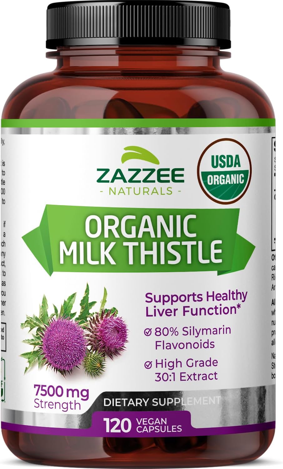 USDA Organic Milk Thistle 30:1 Extract, 7500 Mg Strength, 80% Silymarin Flavonoids, Standardized & Concentrated 30X Extract, 100% Vegetarian, All-Natural & Non-GMO