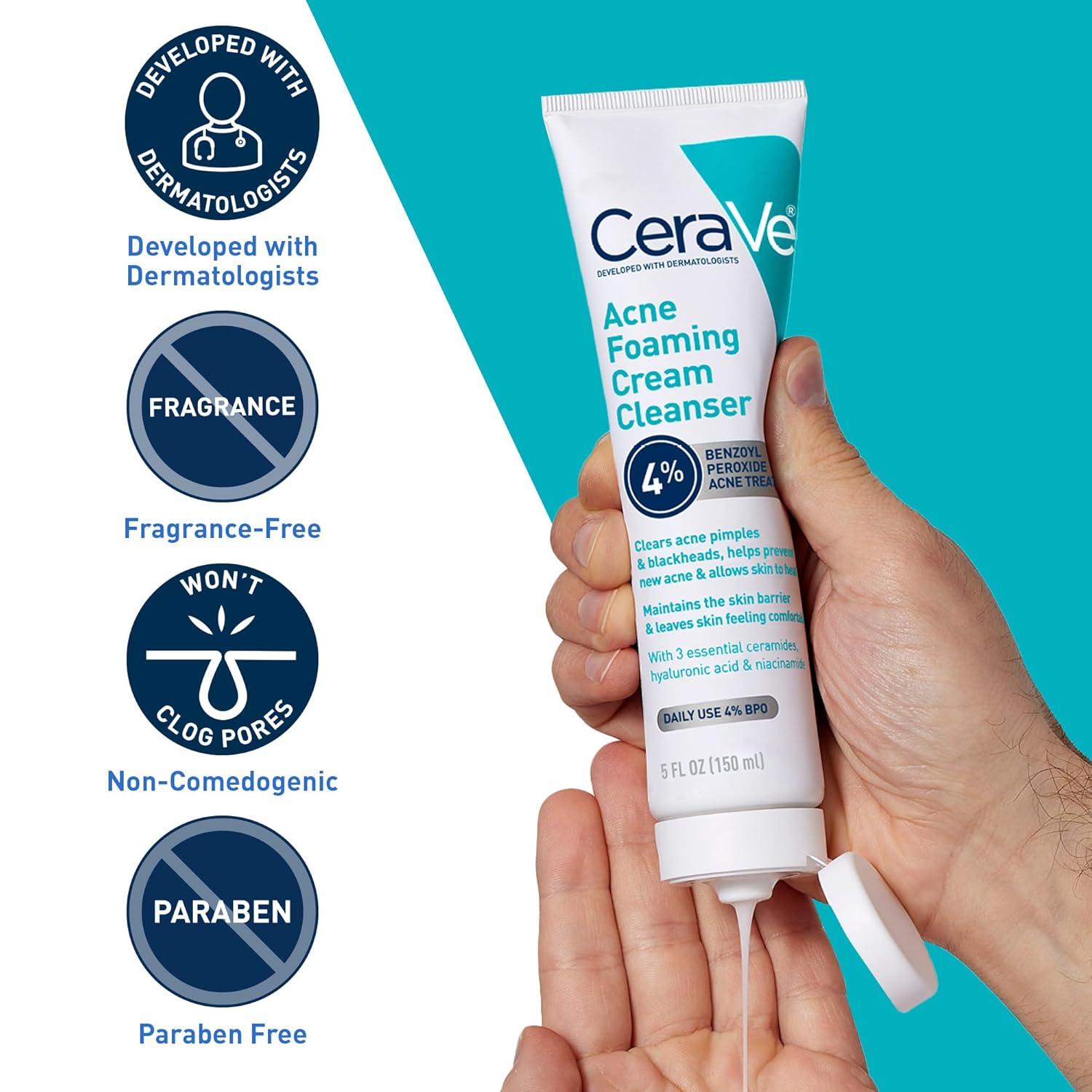 CeraVe Acne Foaming Cream Cleanser - 4% Benzoyl Peroxide Face Wash with Hyaluronic Acid, Niacinamide & Ceramides