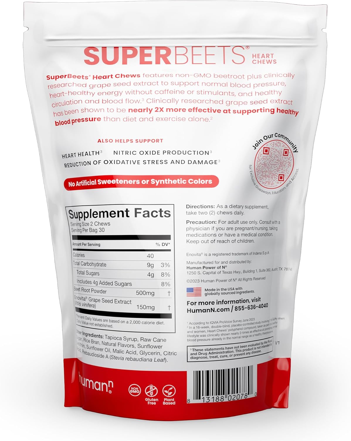 HumanN Super Beets Heart Chews, Nitric Oxide & Blood Pressure Support, Grape Seed Extract & Non-GMO Beet Root Powder Energy Supplement
