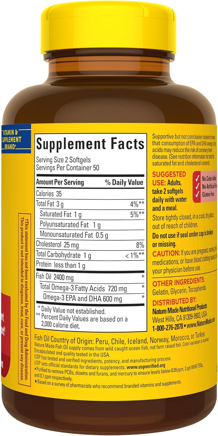 Fish Oil 1200 Mg Softgels, Fish Oil Supplements, Omega 3 Fish Oil for Healthy Heart Support, Omega 3 Supplement with 100 Softgels, 50 Day Supply
