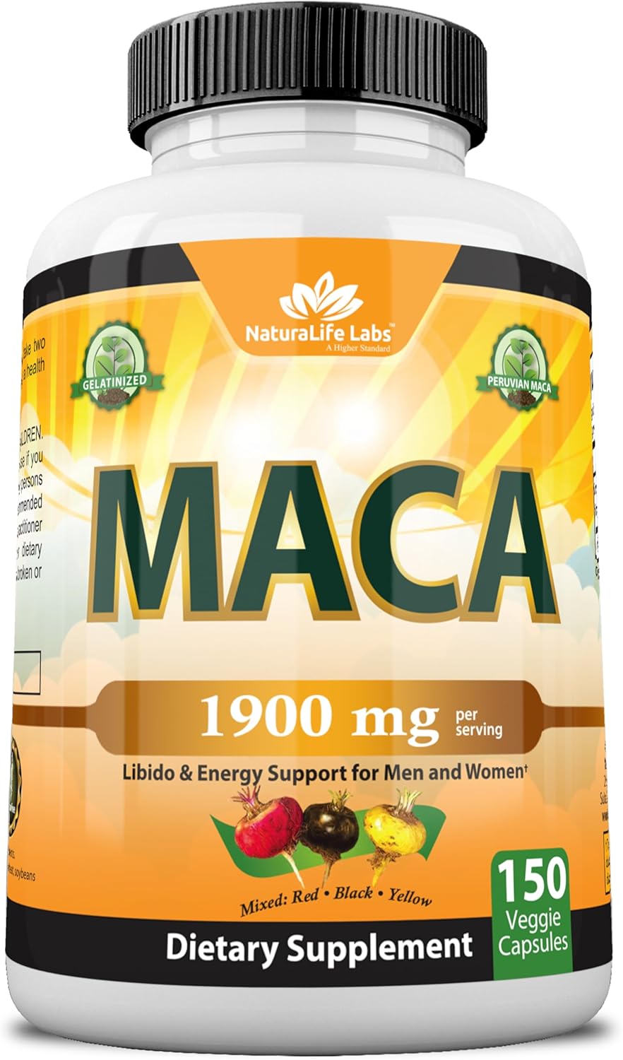 NaturaLife Labs Organic Maca Root Black, Red, Yellow 1900 MG per Serving - Peruvian Maca Root Gelatinized 100% Pure Non-GMO Supports Reproductive Health