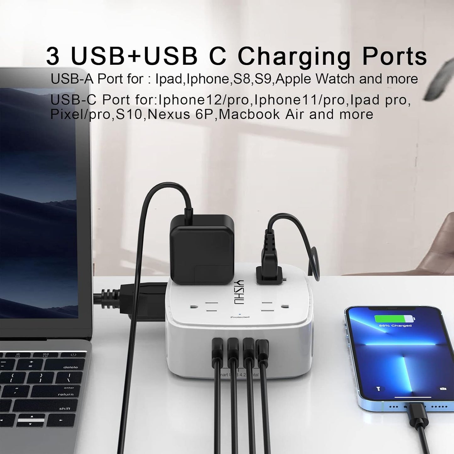 YISHU 6 Ft Surge Protector Power Strip - 8 Wide Outlets with 4 USB Ports - 3 Side Outlet Extender with 6 Feet Extension - Flat Plug