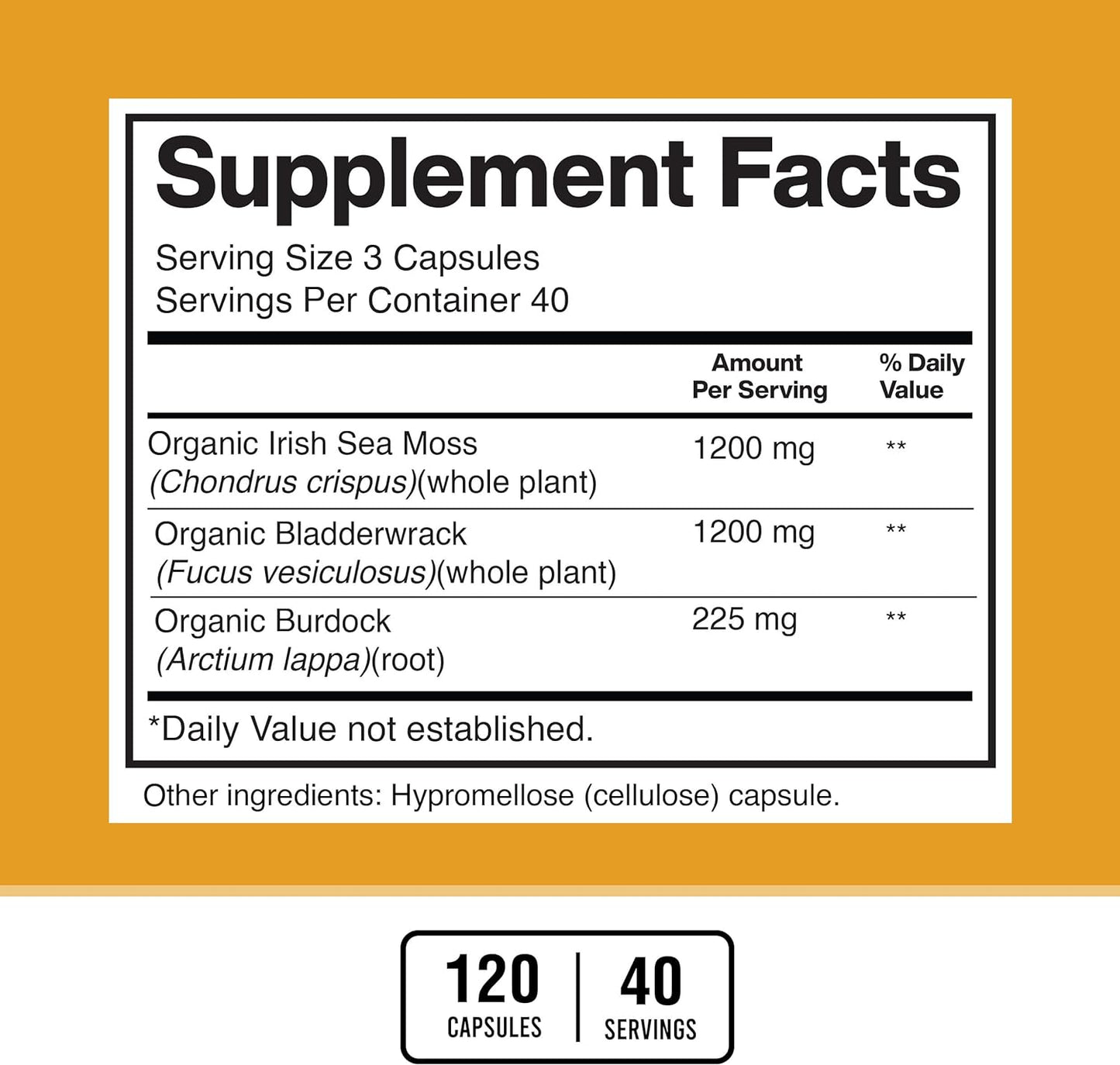 Organic Sea Moss, Bladderwrack & Burdock Root Capsules - 1200Mg Sea Moss, 1200Mg Bladderwrack, 225Mg Burdock Root per Serving