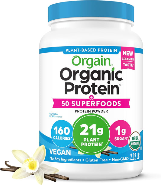 Orgain Organic Vegan Protein + 50 Superfoods Powder, Vanilla Bean - 21G Plant Based Protein, 8G Prebiotic Fiber, No Lactose Ingredients, Gluten Free, No Added Sugar, Non-GMO
