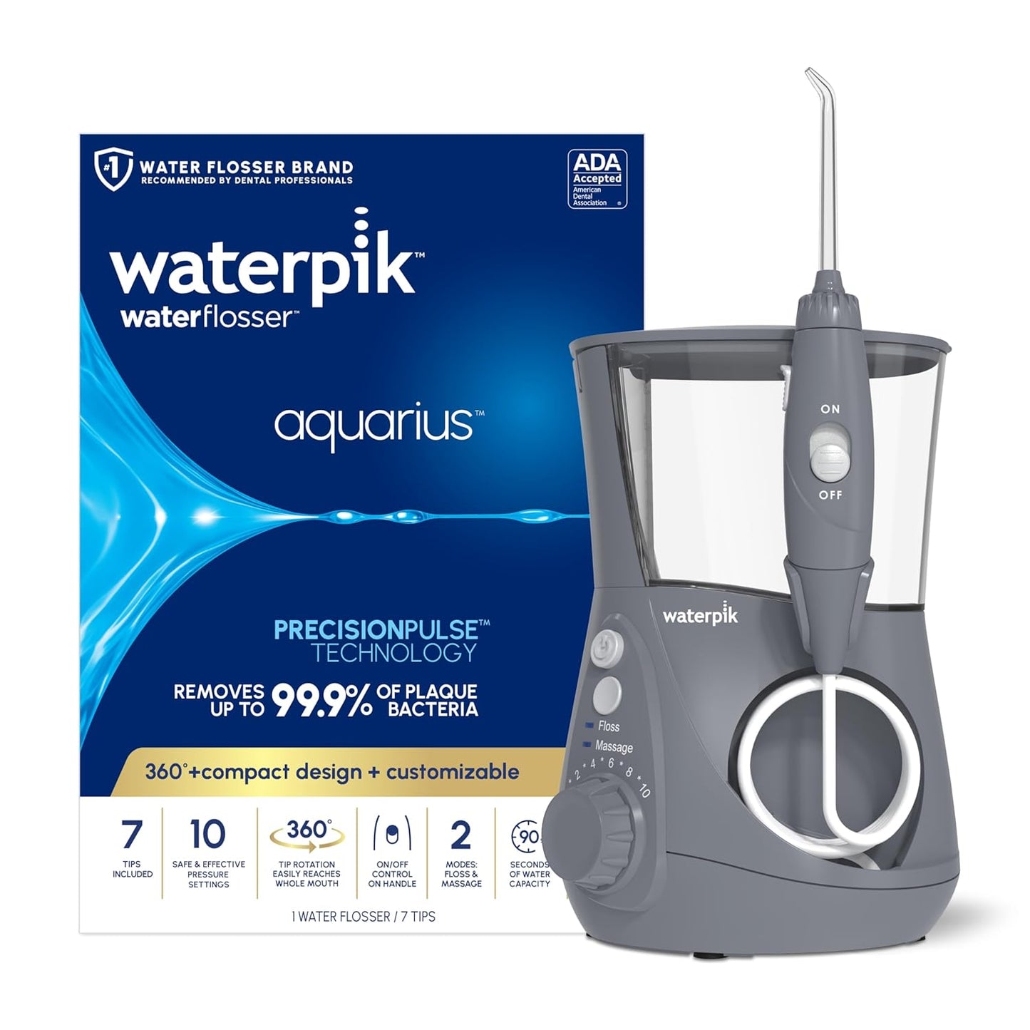 Aquarius Water Flosser Professional for Teeth, Gums, Braces, Dental Care, Electric Power with 10 Settings, 7 Tips for Multiple Users and Needs, ADA Accepted, White WP-660, Packaging May Vary