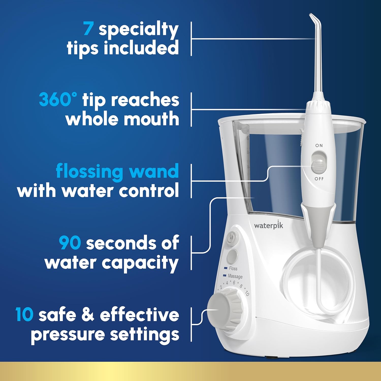 Aquarius Water Flosser Professional for Teeth, Gums, Braces, Dental Care, Electric Power with 10 Settings, 7 Tips for Multiple Users and Needs, ADA Accepted, White WP-660, Packaging May Vary