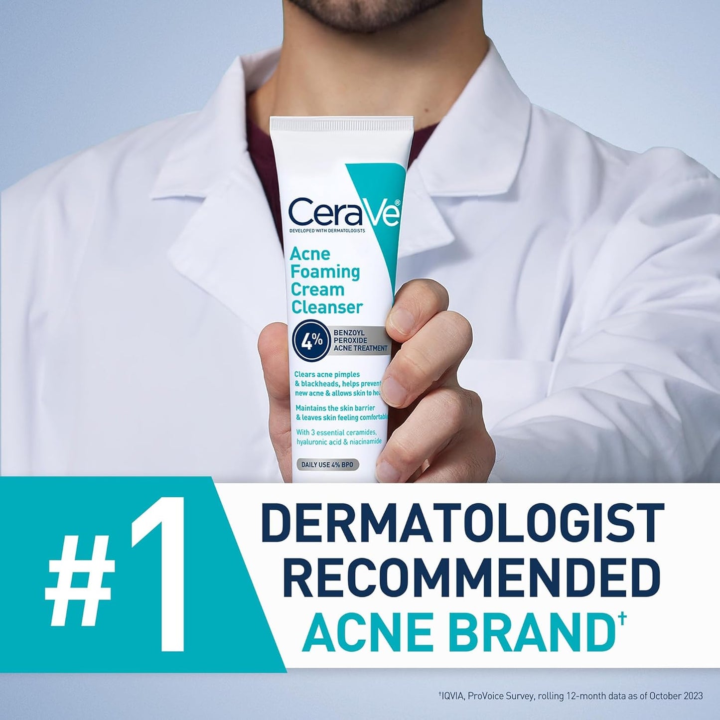 CeraVe Acne Foaming Cream Cleanser - 4% Benzoyl Peroxide Face Wash with Hyaluronic Acid, Niacinamide & Ceramides