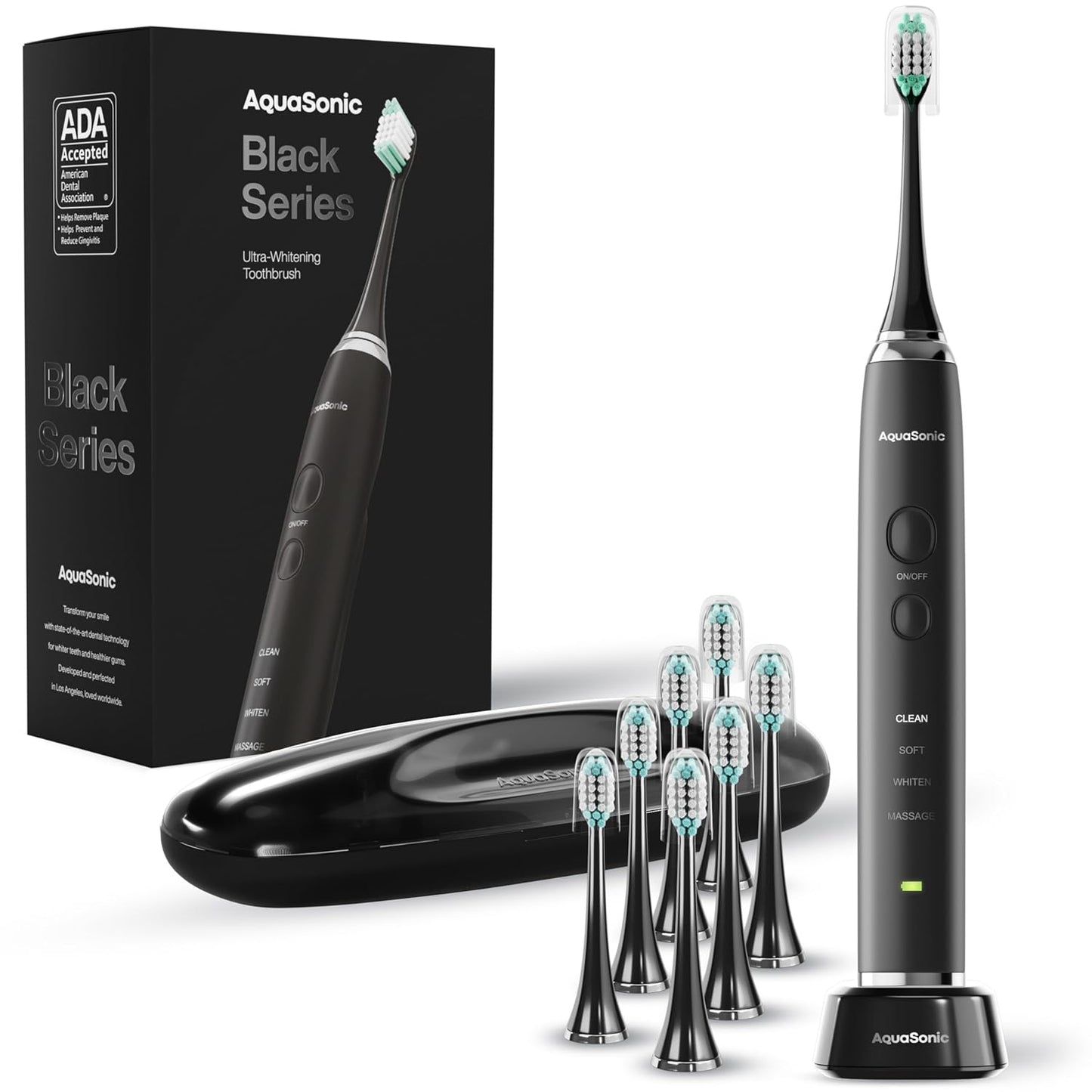 Black Series Ultra Whitening Toothbrush – ADA Accepted Electric Toothbrush- 8 Brush Heads & Travel Case – 40,000 VPM Electric Motor & Wireless Charging - 4 Modes W Smart Timer