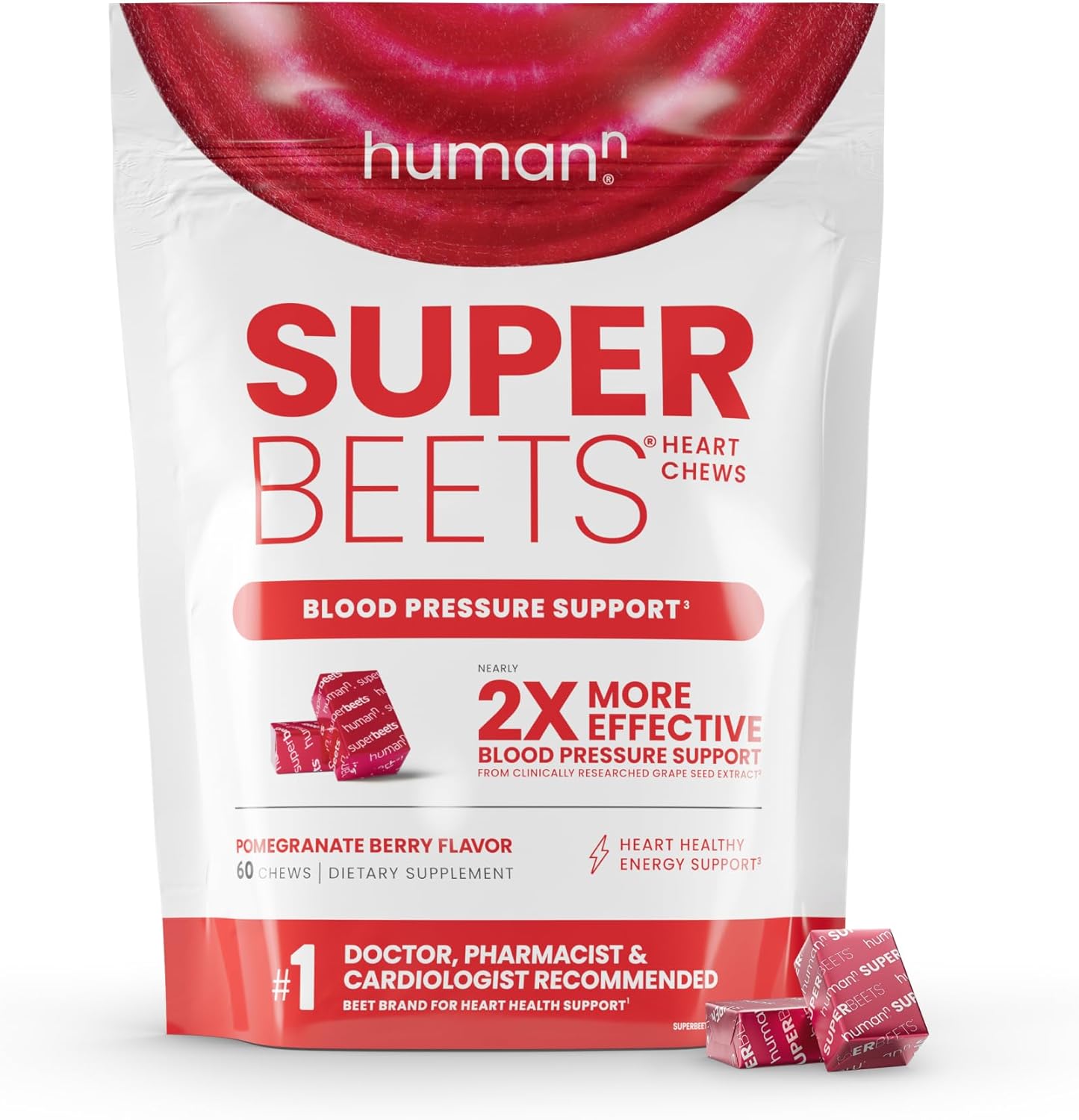 HumanN Super Beets Heart Chews, Nitric Oxide & Blood Pressure Support, Grape Seed Extract & Non-GMO Beet Root Powder Energy Supplement