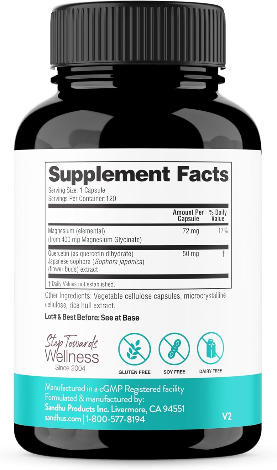 Magnesium Glycinate 400Mg Capsules with Quercetin | Quality Sleep, Relaxation, Muscle, Bone Health & Immune Support | 120 Count | Easy to Swallow | for Women and Men