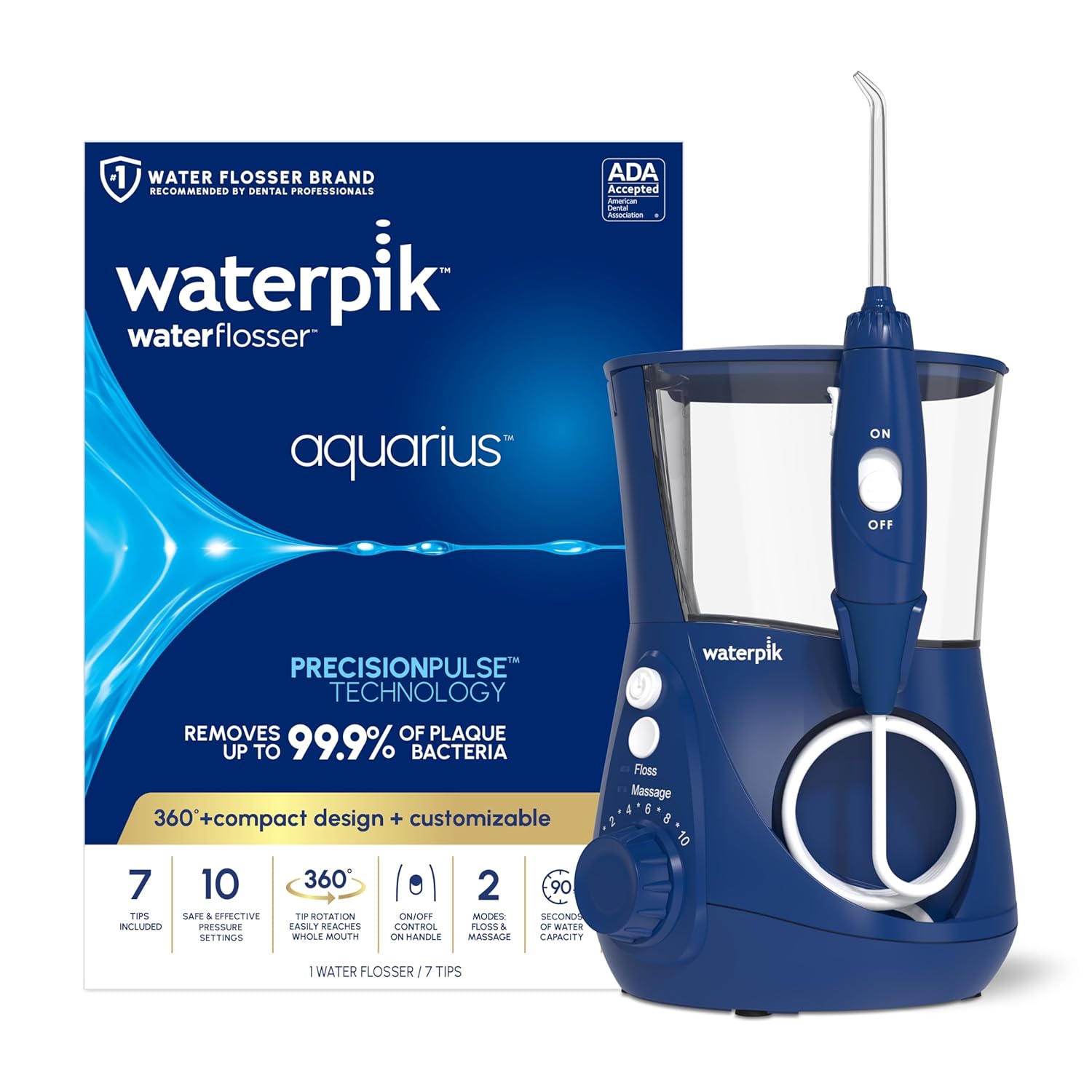 Aquarius Water Flosser Professional for Teeth, Gums, Braces, Dental Care, Electric Power with 10 Settings, 7 Tips for Multiple Users and Needs, ADA Accepted, White WP-660, Packaging May Vary
