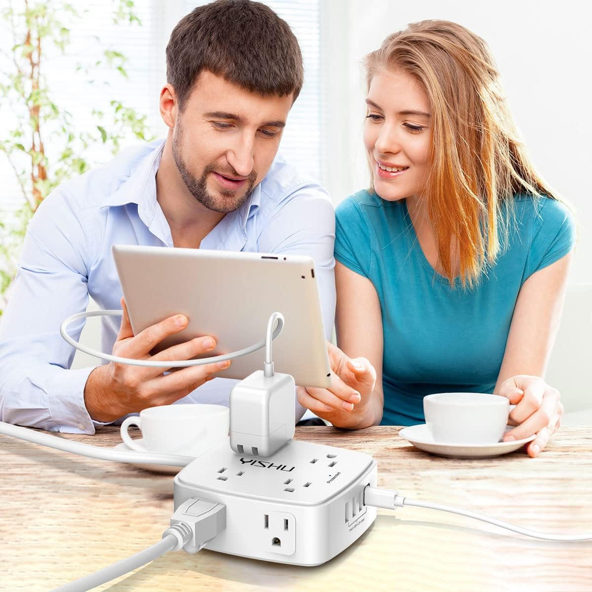 YISHU 6 Ft Surge Protector Power Strip - 8 Wide Outlets with 4 USB Ports - 3 Side Outlet Extender with 6 Feet Extension - Flat Plug