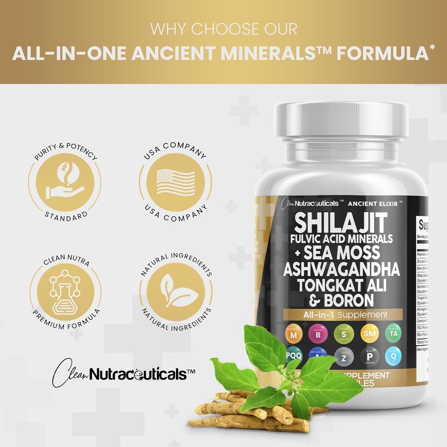 Shilajit Supplement with Sea Moss, Ashwagandha, Tongkat Ali, Boron, Magnesium - Fulvic Acid Capsules