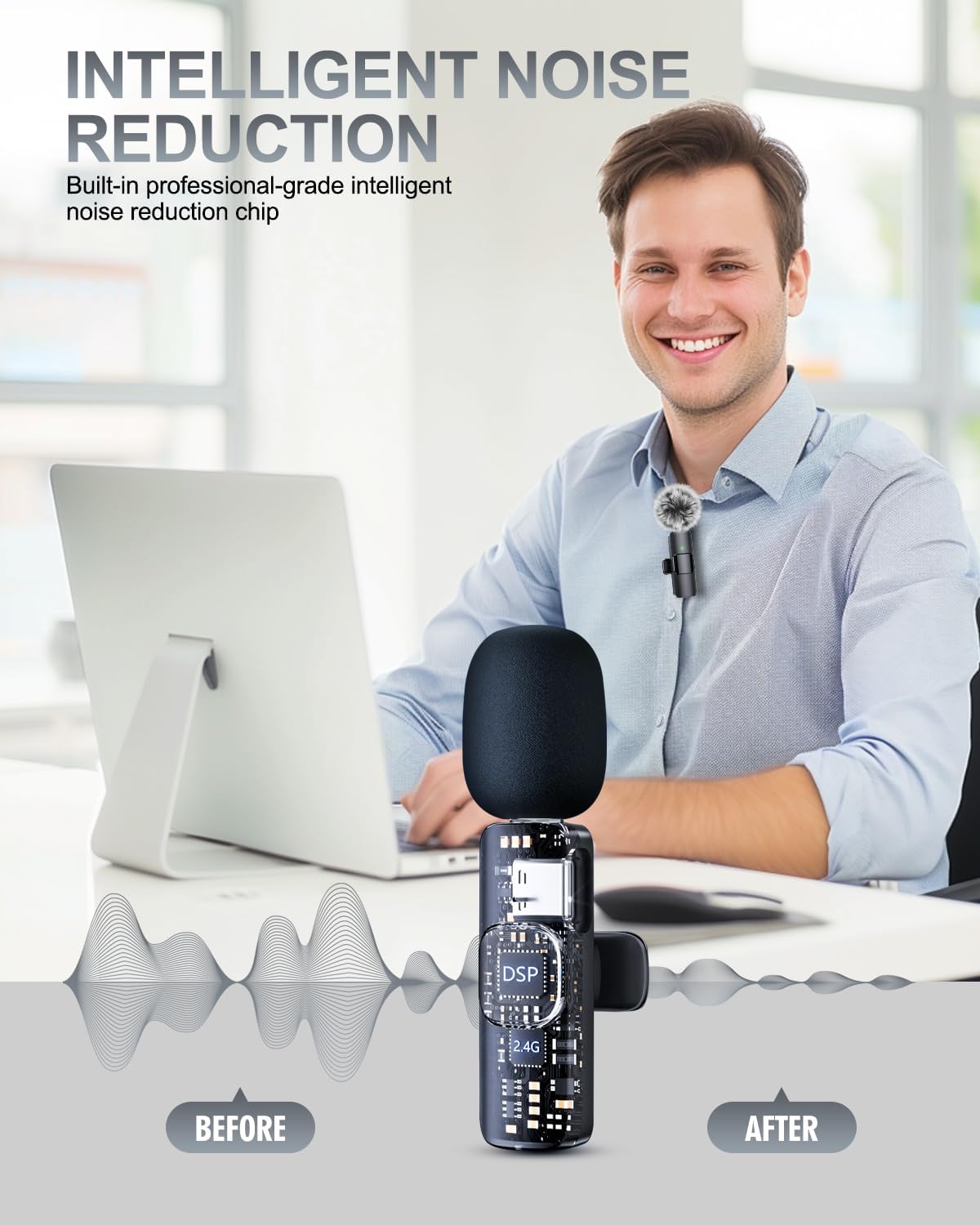 PQRQP 3 in 1 Professional Wireless Lavalier Microphone for iPhone & Android - Crystal Clear Sound Quality for Recording - Content Creation